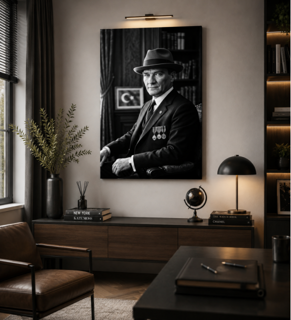 Mustafa Kemal Atatürk dekoratif kanvas tablo, yüksek çözünürlüklü UV baskı teknolojisiyle üretilmiş, salon, ofis ve çalışma odaları için şık duvar dekorasyonu.