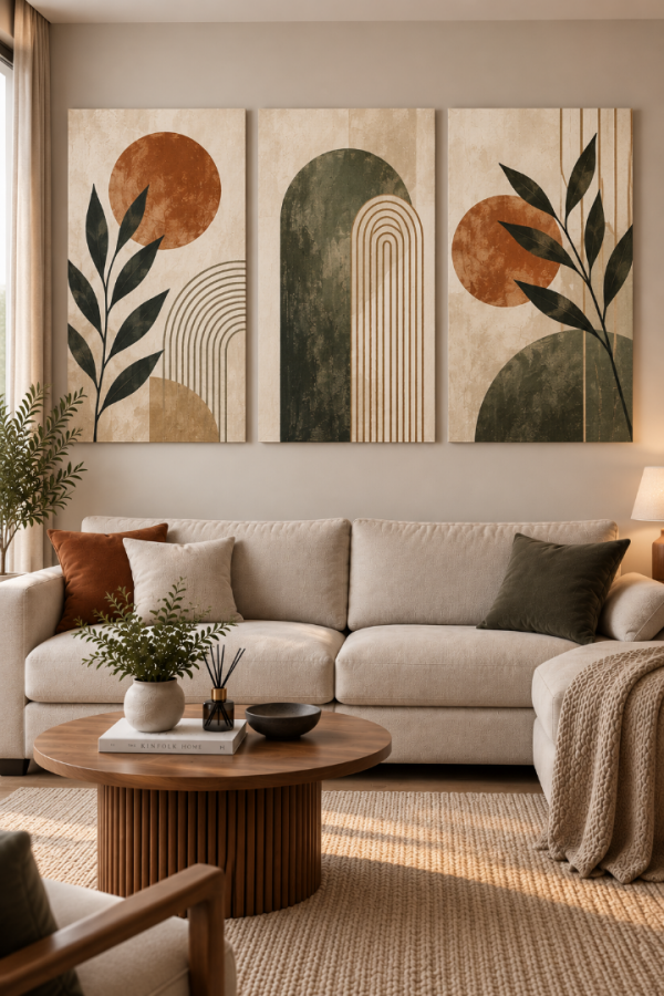 Bohem Geometrik Yapraklı 3’lü Modern Kanvas Tablo