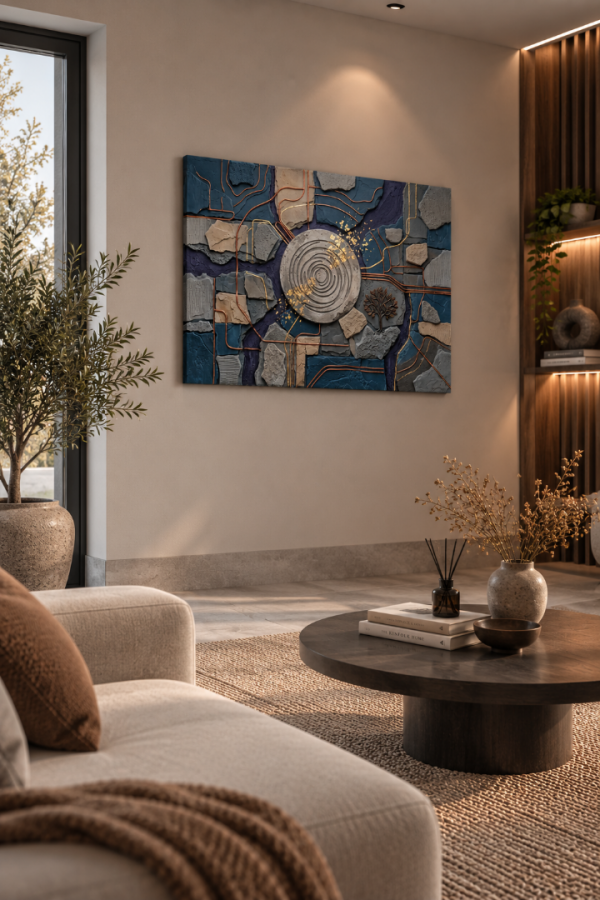 Lacivert Bakır Detaylı 3D Dokulu Modern Soyut Kanvas Tablo