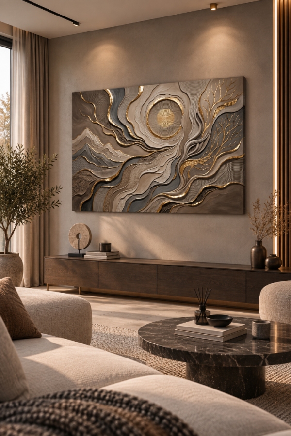 Altın Detaylı Modern Soyut Spiral Kanvas Tablo