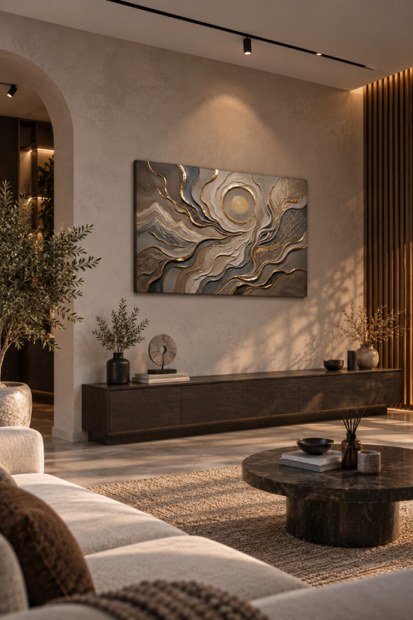 Altın Detaylı Modern Soyut Spiral Kanvas Tablo