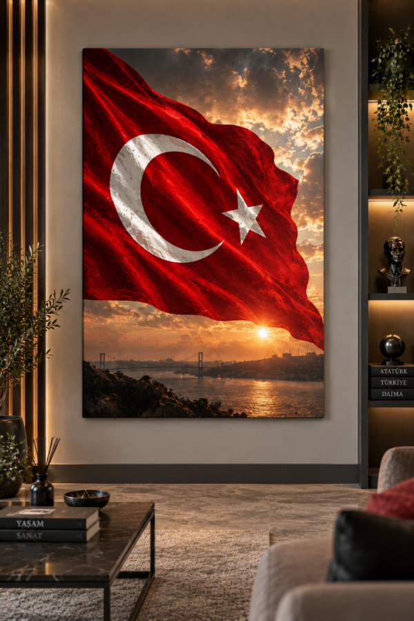 Türk Bayrağı Gün Batımı Manzaralı Kanvas Tablo
