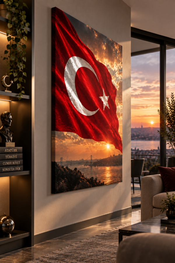 Türk Bayrağı Gün Batımı Manzaralı Kanvas Tablo