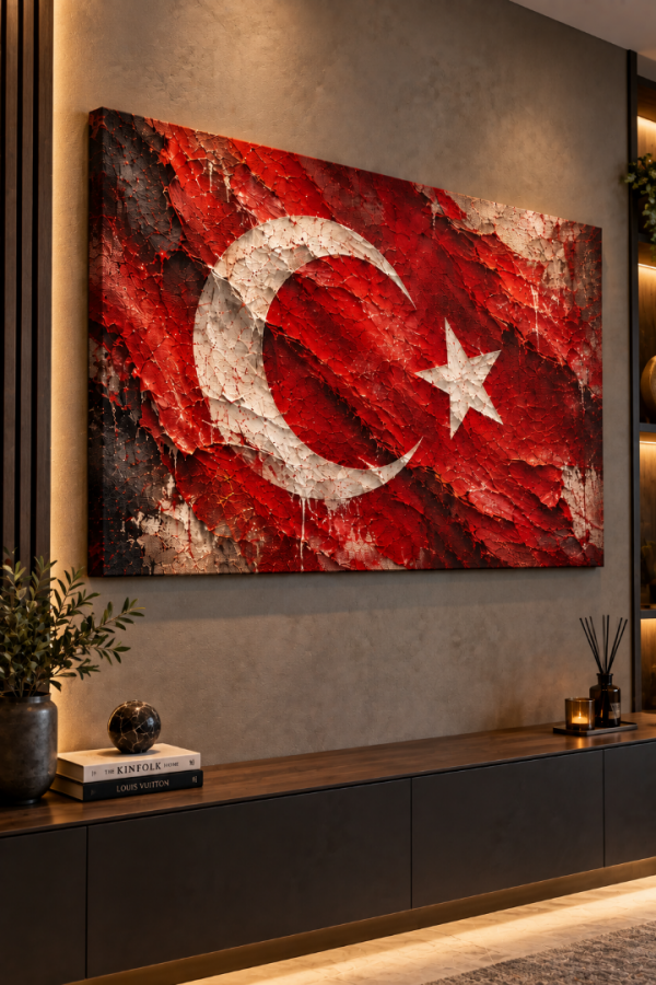 Kırmızı Dokulu Türk Bayrağı Ay Yıldızlı Kanvas Tablo1