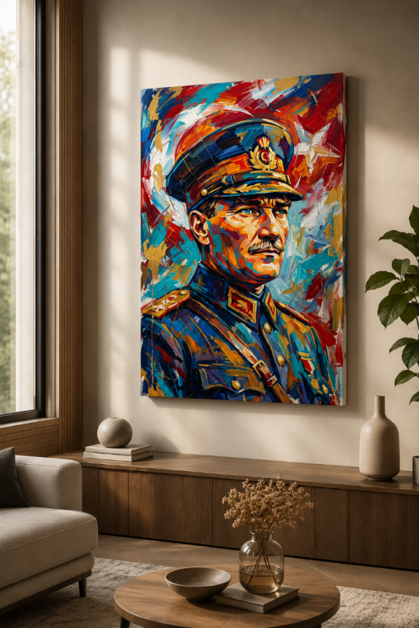 Renkli Atatürk Portresi Yağlı Boya Görünümlü Kanvas Tablo