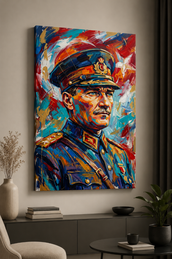 Renkli Atatürk Portresi Yağlı Boya Görünümlü Kanvas Tablo