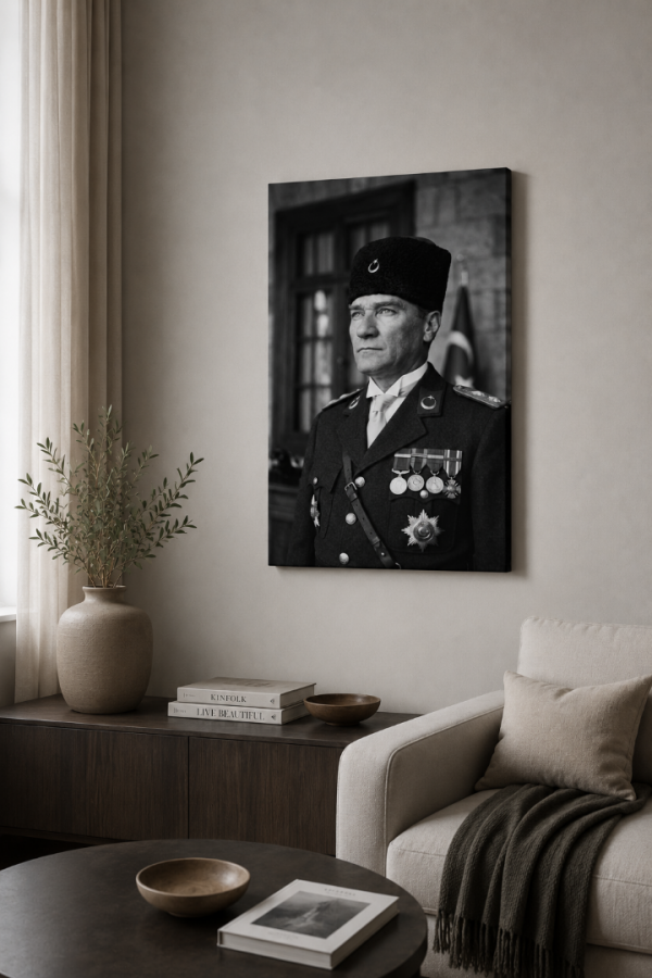 Kalpaklı Atatürk Siyah Beyaz Kanvas Tablo