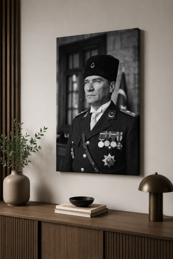 Kalpaklı Atatürk Siyah Beyaz Kanvas Tablo