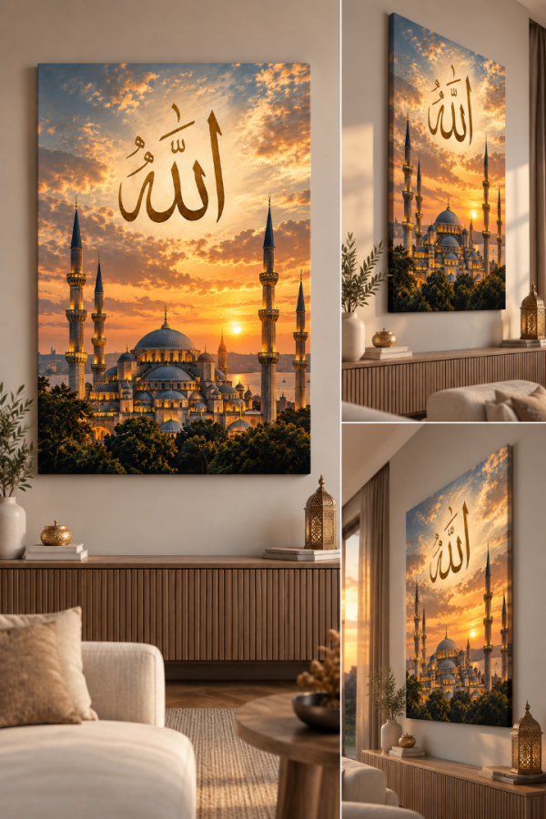 Allah Yazılı Cami Manzaralı İslami Kanvas Tablo