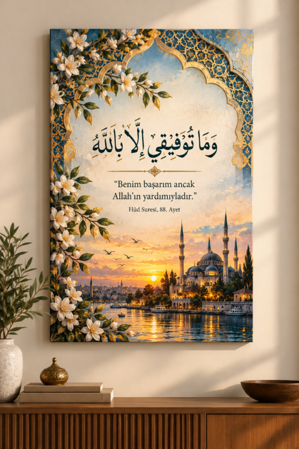 Hûd Suresi 88. Ayet Cami Manzaralı Dikey İslami Kanvas Tablo