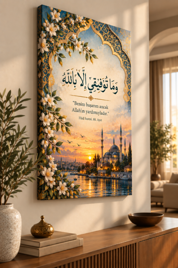 Hûd Suresi 88. Ayet Cami Manzaralı Dikey İslami Kanvas Tablo