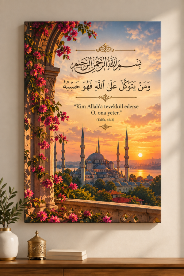 Talâk Suresi 3. Ayet Tevekkül Temalı Cami Manzaralı İslami Kanvas Tablo
