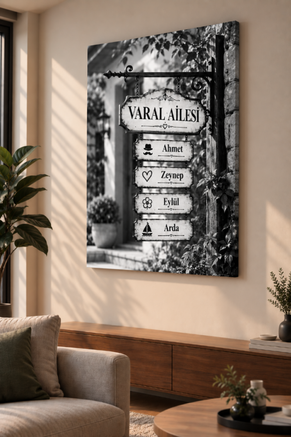 Siyah Beyaz Kişiye Özel Aile Tabelası – İsimli Aile Kanvas Tablo