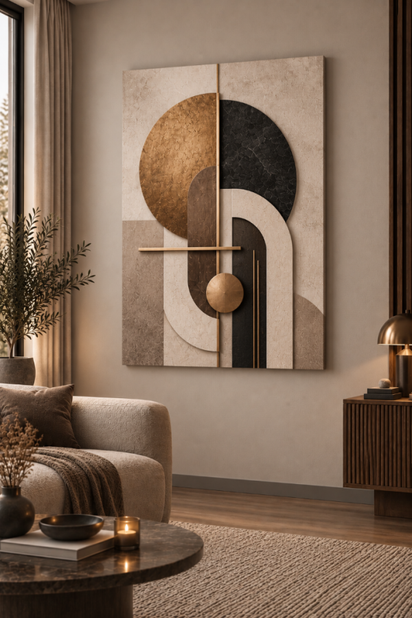 Bej Siyah Altın Geometrik Modern Dekoratif Kanvas Tablo