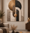 Bej Siyah Altın Geometrik Modern Dekoratif Kanvas Tablo