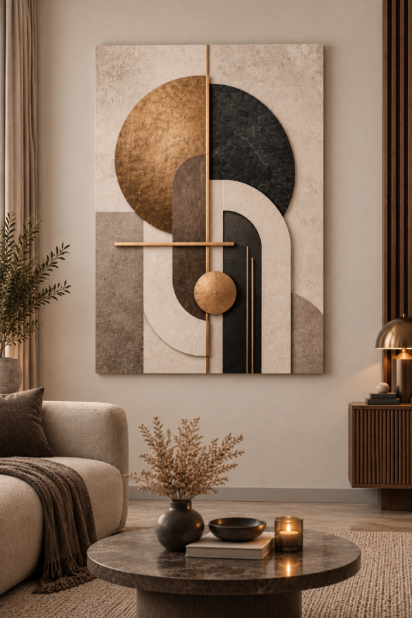 Bej Siyah Altın Geometrik Modern Dekoratif Kanvas Tablo