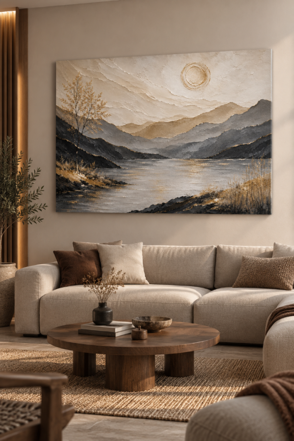 Altın Detaylı Dağ ve Göl Manzaralı Modern Kanvas Tablo