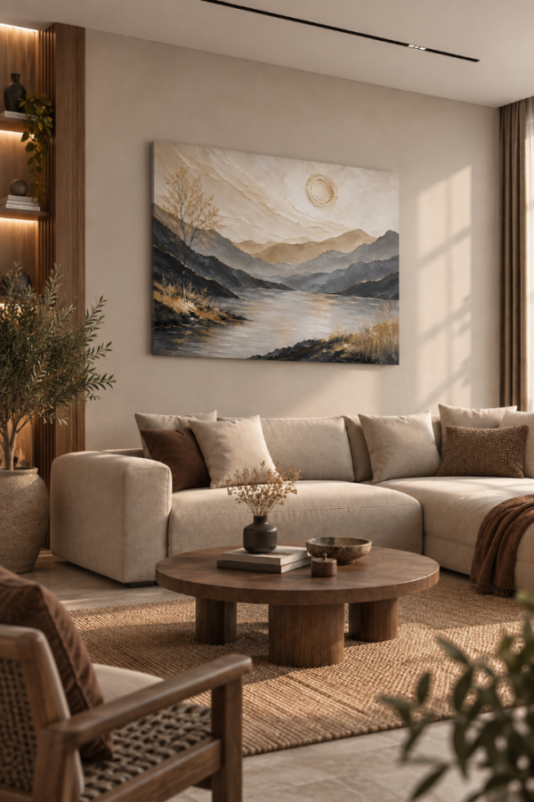 Altın Detaylı Dağ ve Göl Manzaralı Modern Kanvas Tablo