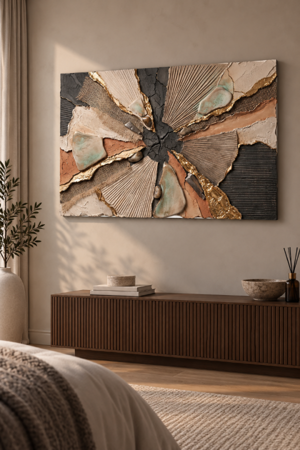 Altın Detaylı 3D Dokulu Geometrik Soyut Kanvas Tablo