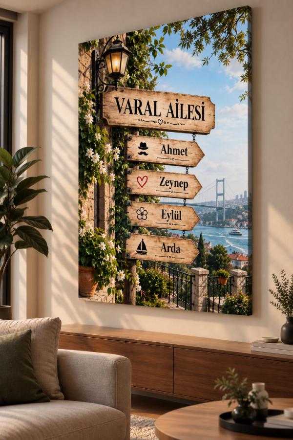 İstanbul Manzaralı Kişiye Özel Aile Tabelası – Aile İsimli Ahşap Tablo