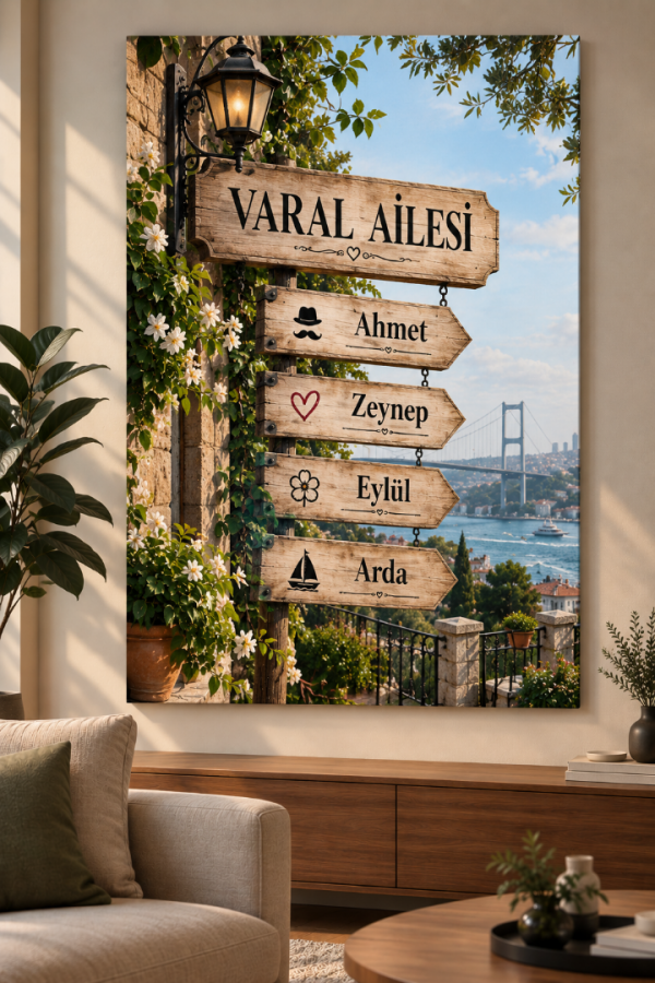 İstanbul Manzaralı Kişiye Özel Aile Tabelası – Aile İsimli Ahşap Tablo